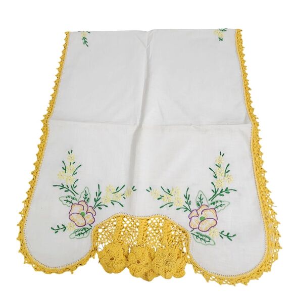 Vtg 8 Pc Bedroom Linen Set Yellow Crochet Embroidered Flowers Southern Victorian - Picture 7 of 8
